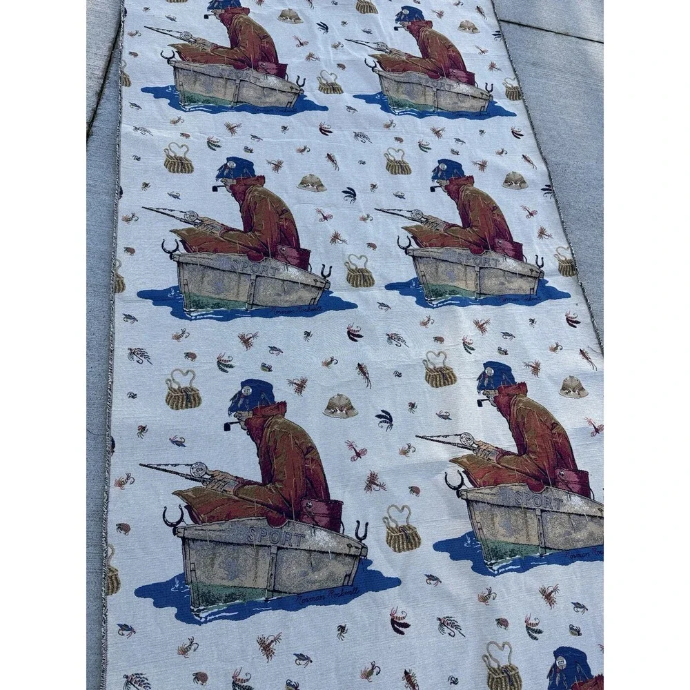 Norman Rockwell Vintage Fabric 4.5ft x 32ft Fishing Tapestry Yardage Textile